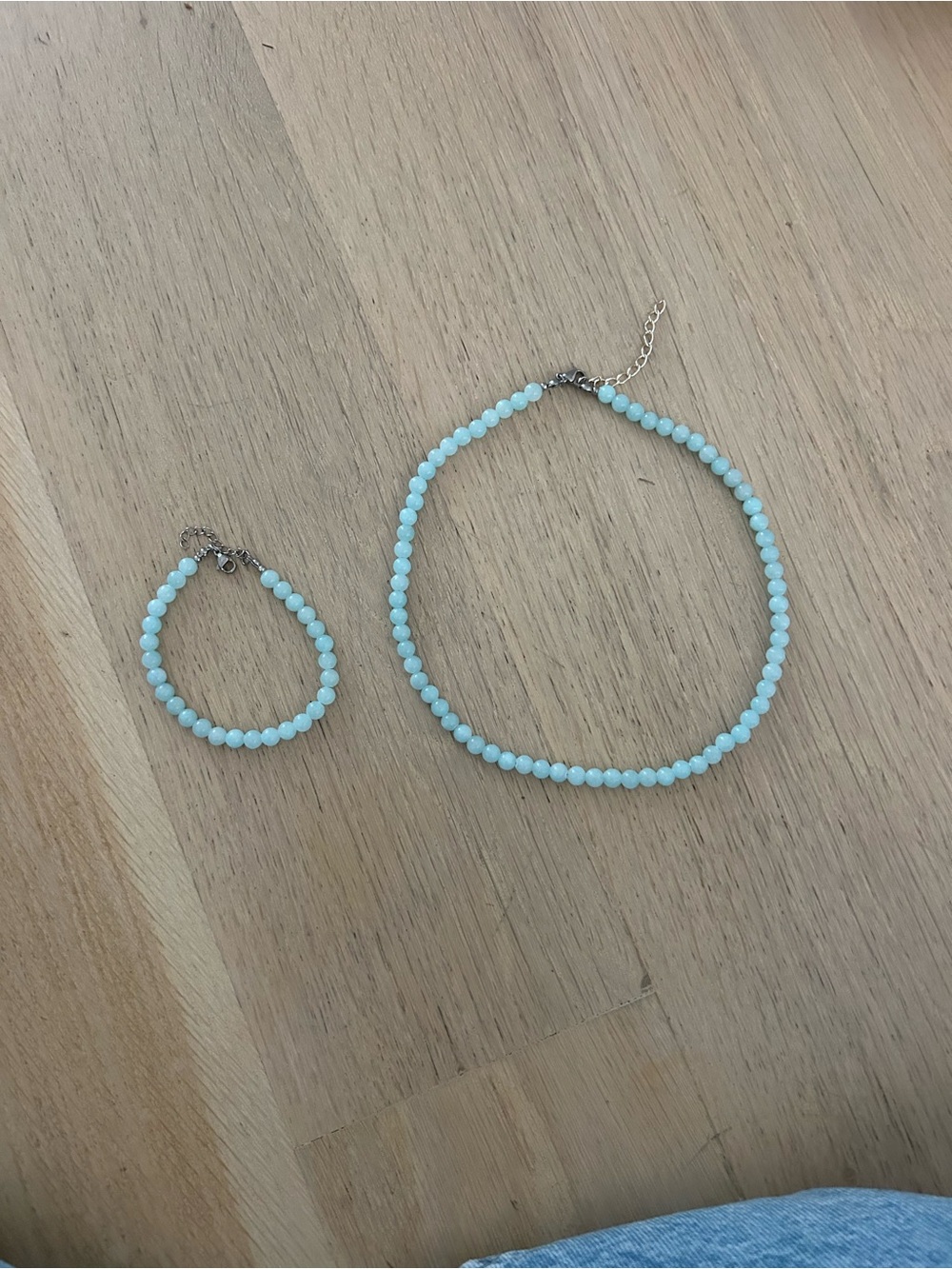 Light Blue authentic Jade Beaded Necklace and Bracelet Set
